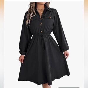 Classic Black Button-Front Drawstring on waist Dress